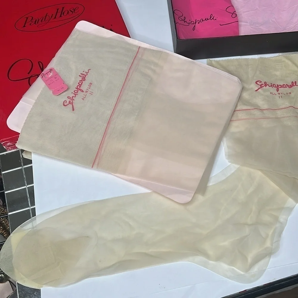 Vintage Schiaparelli 2 PAIR NEW Nylon Stockings in Original Box w Paper One Size